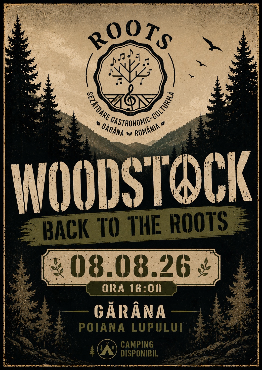 Afiș Woodstock — Back to the ROOTS